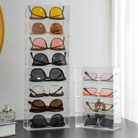 Clear Sunglasses Storage Box – Stackable Organizer with Drawer