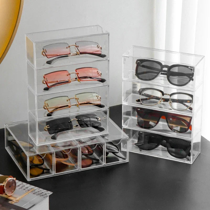 Clear Sunglasses Storage Box – Stackable Organizer with Drawer