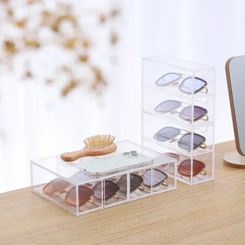Clear Sunglasses Storage Box – Stackable Organizer with Drawer