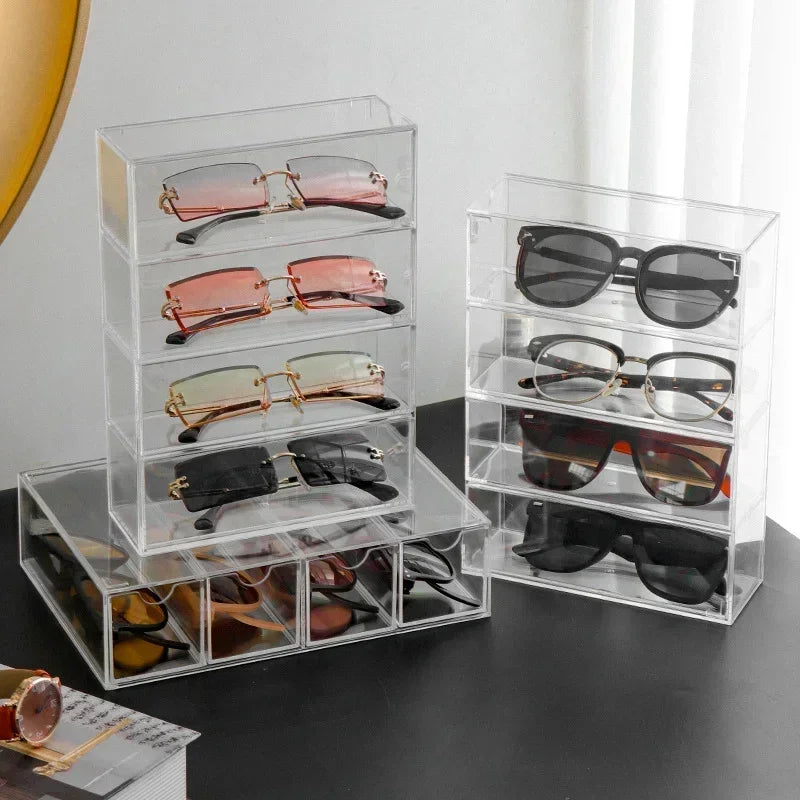 Clear Sunglasses Storage Box – Stackable Organizer with Drawer