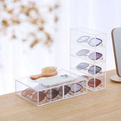 Clear Sunglasses Storage Box – Stackable Organizer with Drawer